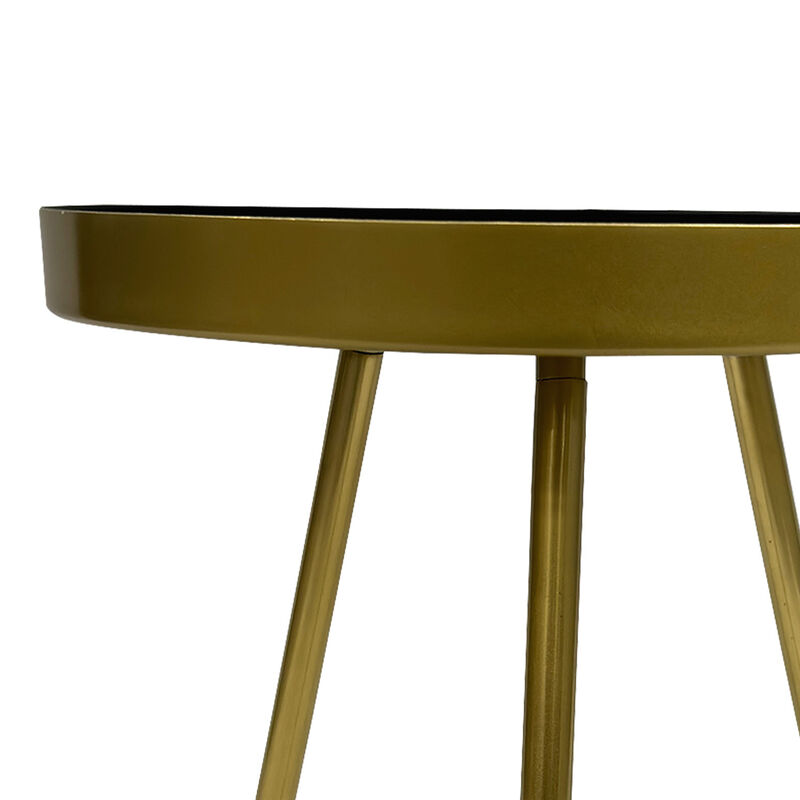 Enid 19 Inch Side End Table, Iron Brass Plating, Black Matte Top, Modern Sleek Angled Legs