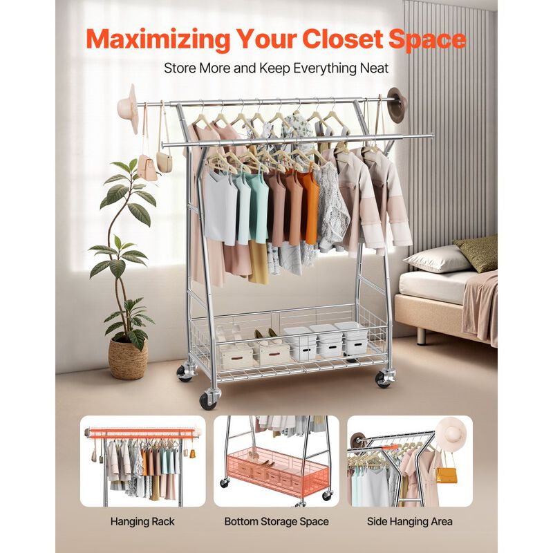 Heavy Duty Clothes Rack with Wheels Double Rods and Storage Basket image number 6