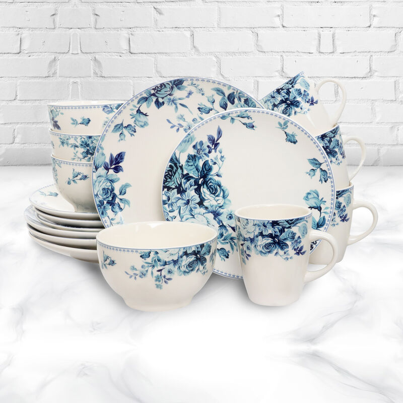 Elama Traditional Blue Rose 16 Piece Dinnerware Set