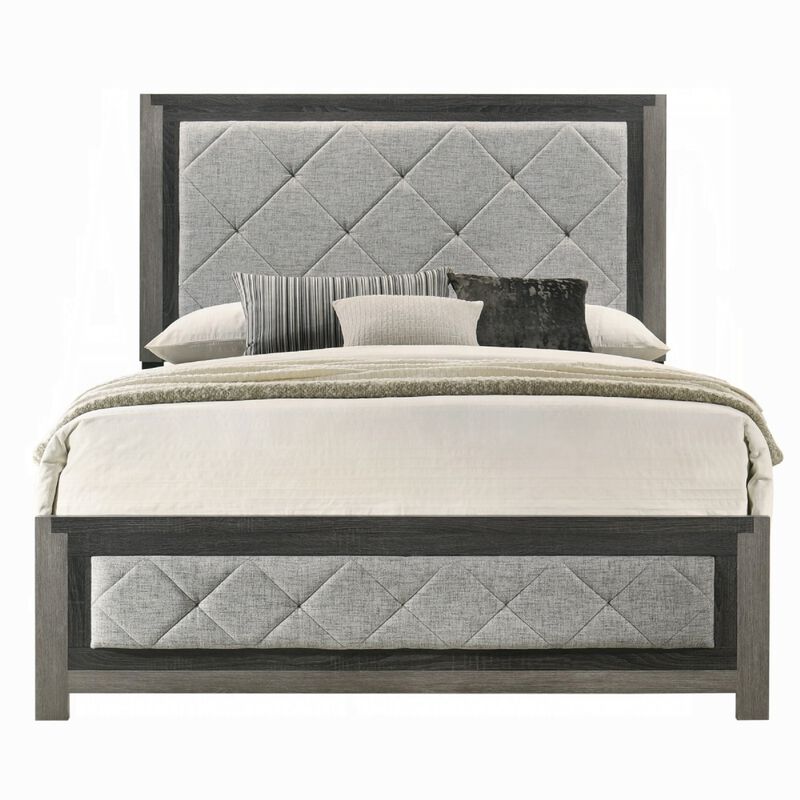 Joho King Bed with Gray Diamond Button Tufted Upholstery, Modern Gray - Benzara