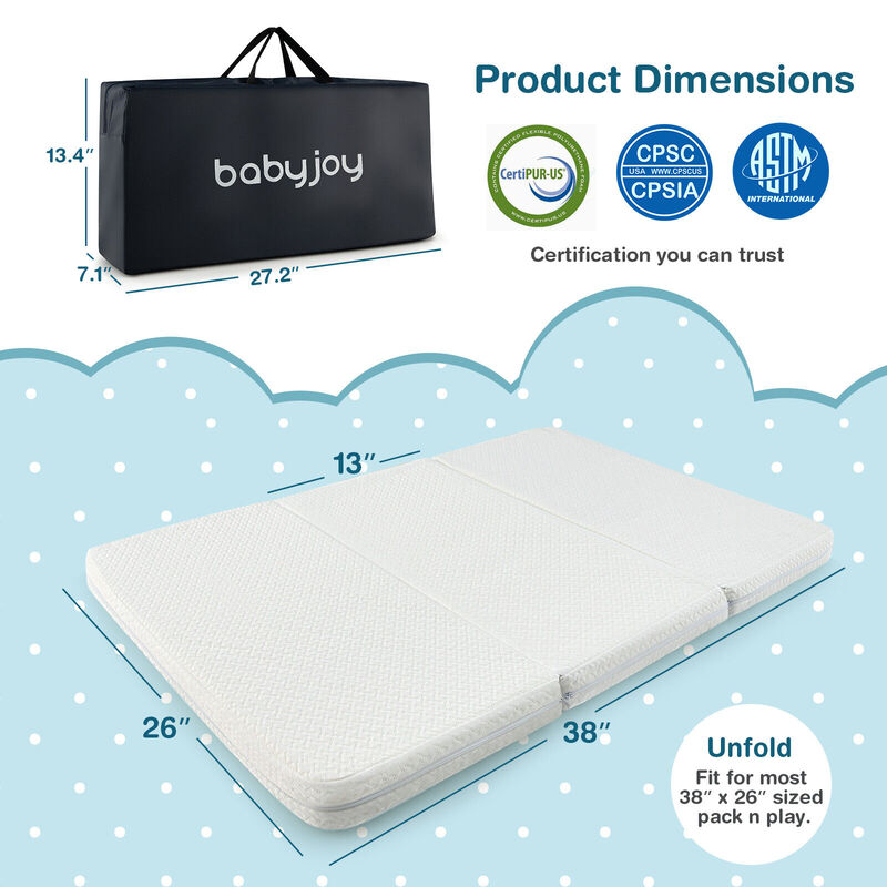 Tri-fold Pack and Play Mattress Topper Mattress Pad with Carrying Bag