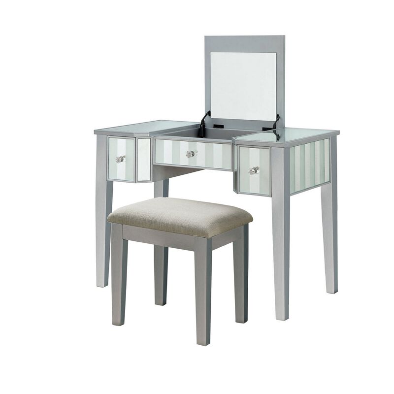 Wooden Vanity Set with Stool and Mirror Panel Inserts, Gray and Silver-Benzara image number 1