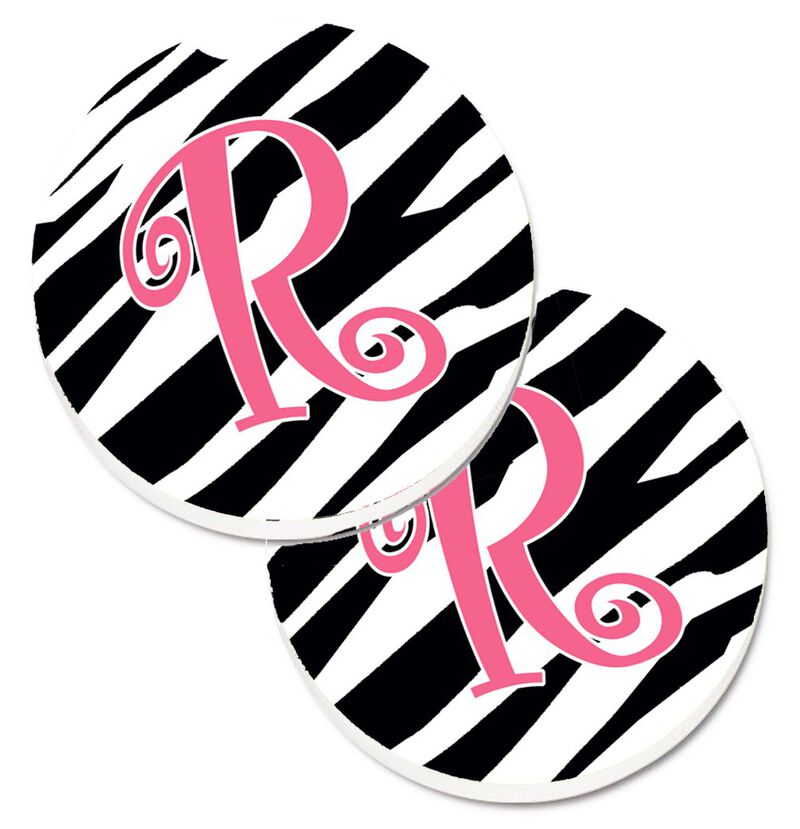 Caroline's Treasures Monogram Initial R Zebra Stripe & Pink Set of 2 Cup Holder Car Coasters CJ1037-RCARC, 2.56, Multicolor