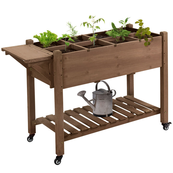 Outsunny Raised Garden Bed with 8 Grow Grids, Wooden Outdoor Plant Box Stand with Folding Side Table and Wheels, 49" x 21" x 34",  for Vegetables, Flowers, Herbs, Brown