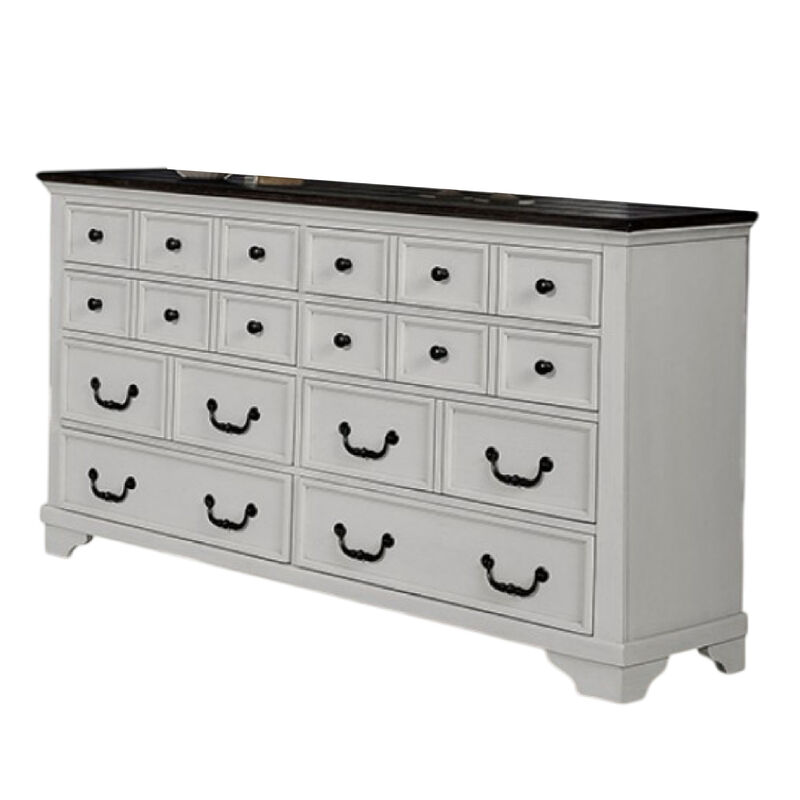 Hamps Wide Dresser, 8 Drawers, White and Dark Brown Solid Wood Frame - Benzara