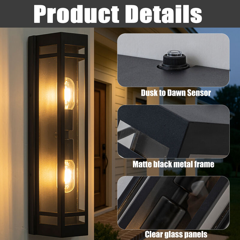 2-Light H20" Modern Black Outdoor Wall Light with Dusk-to-Dawn Sensor and Clear Tempered Glass Weather-Resistant Front Door Garage Exterior Lighting Fixture image number 4