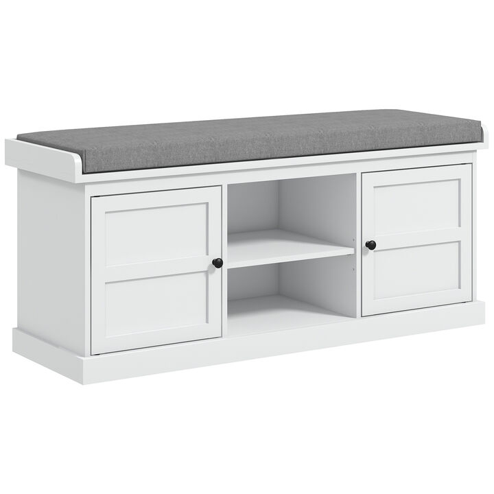 HOMCOM Storage Shoe Bench with Cushion, 2 Cabinets for Entryway, White