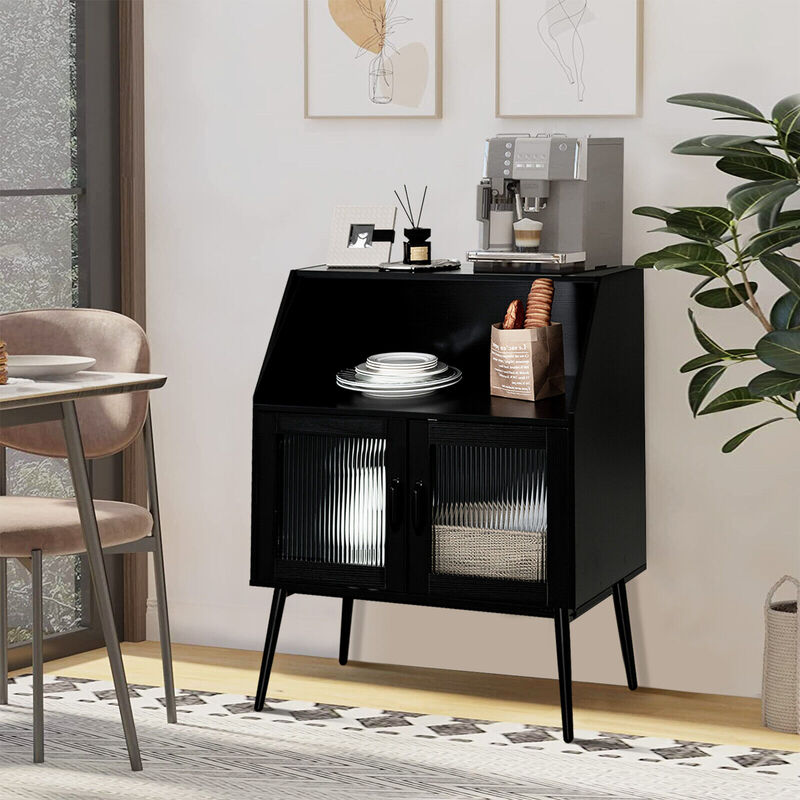 Kitchen Sideboard Buffet with Open Cubby and 2 Glass Doors-Black