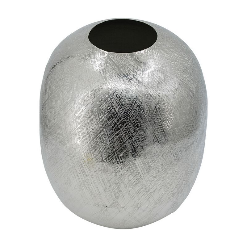 Chan 13 Inch Modern Metal Vase, Curved Round Shape, Metallic Silver Finish - Benzara