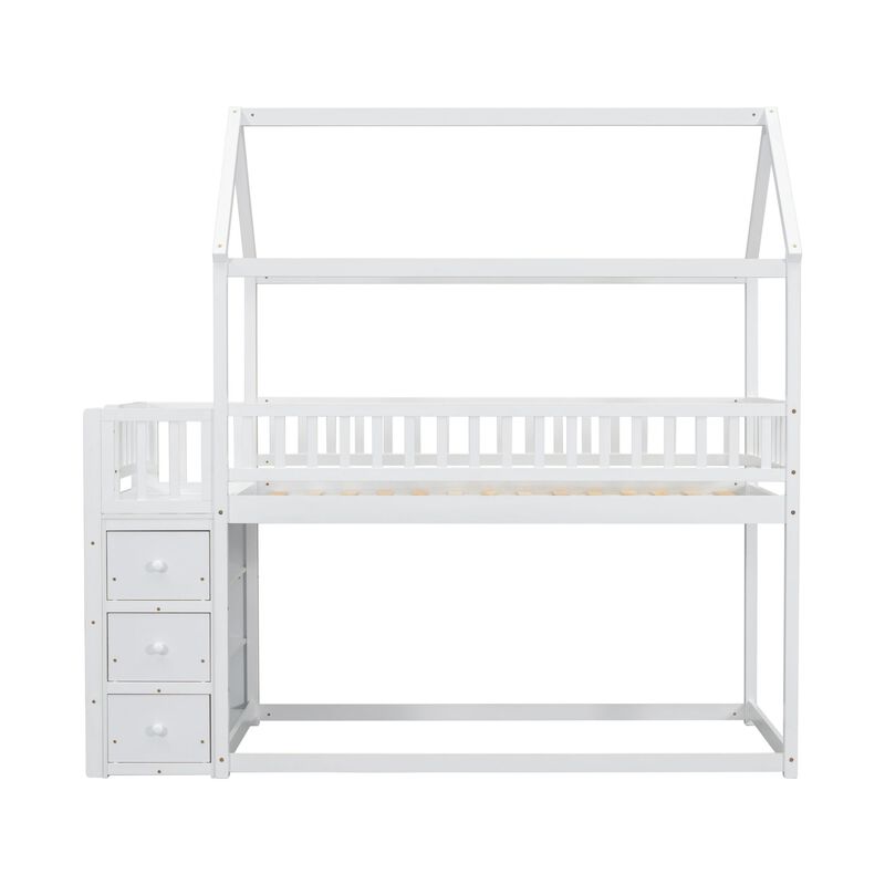 Whisen Twin Over Twin House-shaped Bunk Bed with Shelves, Drawers and Fence Guardrails