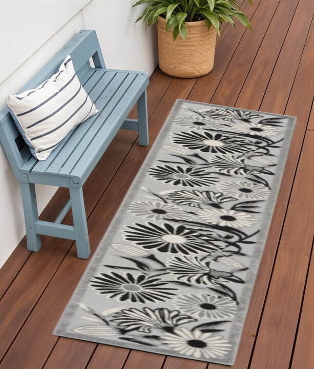 HomeRoots 6' Black And White Floral Indoor Outdoor Runner Rug