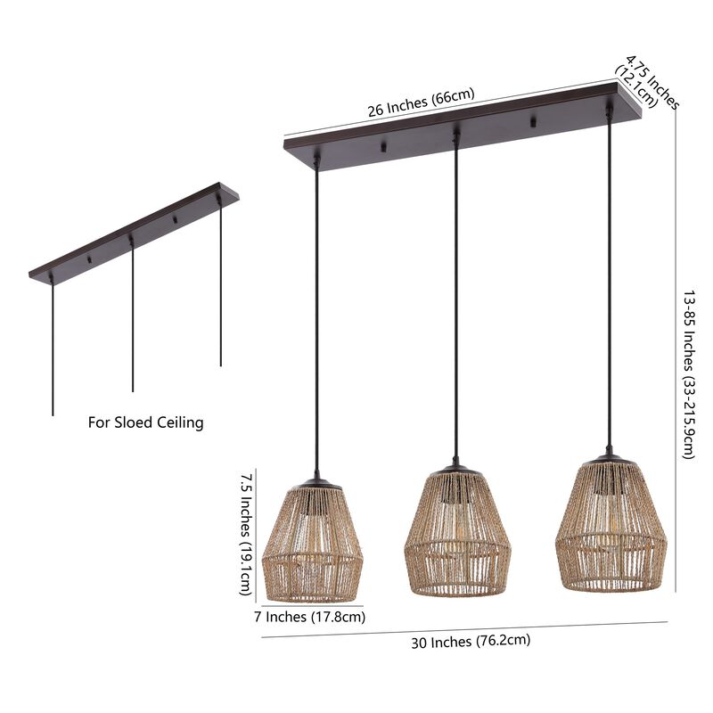 Ibiza 3-Light Woven Rope/Metal Bohemian Coastal LED Linear Pendant