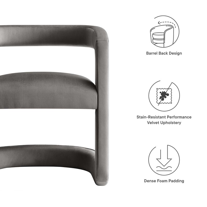 Modway Winslow Stain-Resistant Performance Velvet Dining Chair in Storm Gray - Open Back Barrel Armchair - Upholstered Dining Chair - Cozy Reading Chair or Velvet Vanity Chair image number 3