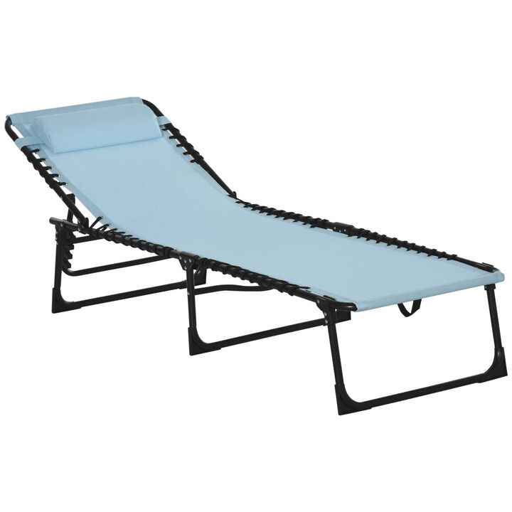 Outsunny Folding Chaise Lounge Pool Chair, Patio Sun Tanning Chair, Outdoor Lounge Chair w/ 4-Position Reclining Back, Pillow, Breathable Mesh & Bungee Seat for Beach, Yard, Patio, Baby Blue