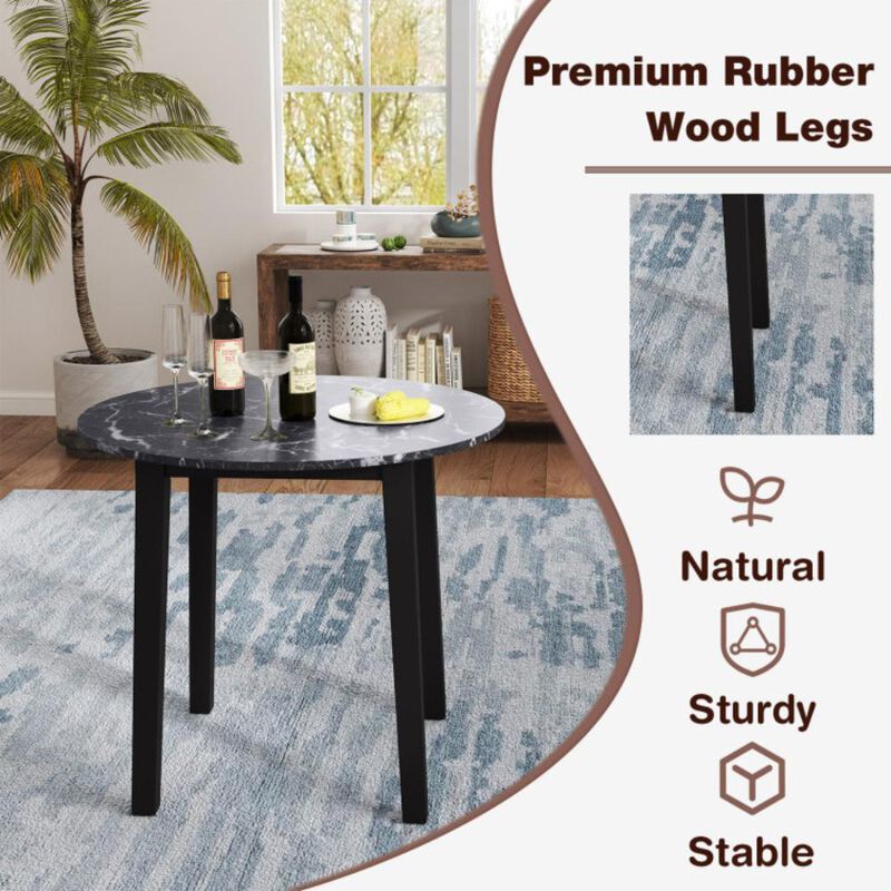 Hivvago 35 Inch Round Dining Table with Rubber Wood Legs and Marble-textured Veneer Tabletop