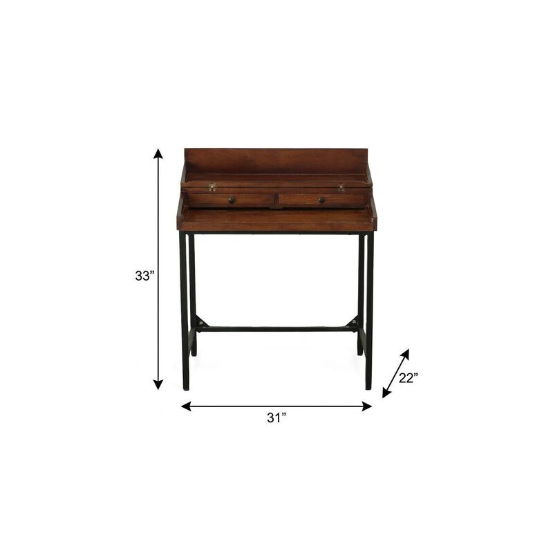 HomeRoots 31" Chestnut and Black Solid Wood and Iron Writing Desk With Two Drawers image number 6