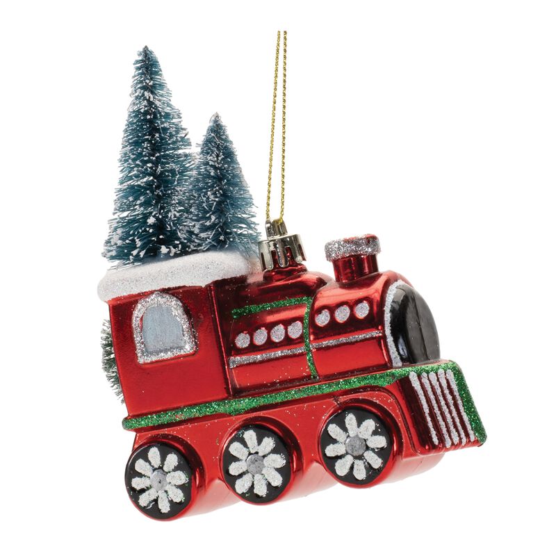 Holiday Tree Ornaments Set of 6 Glittered Glass Trains for Seasonal Styling