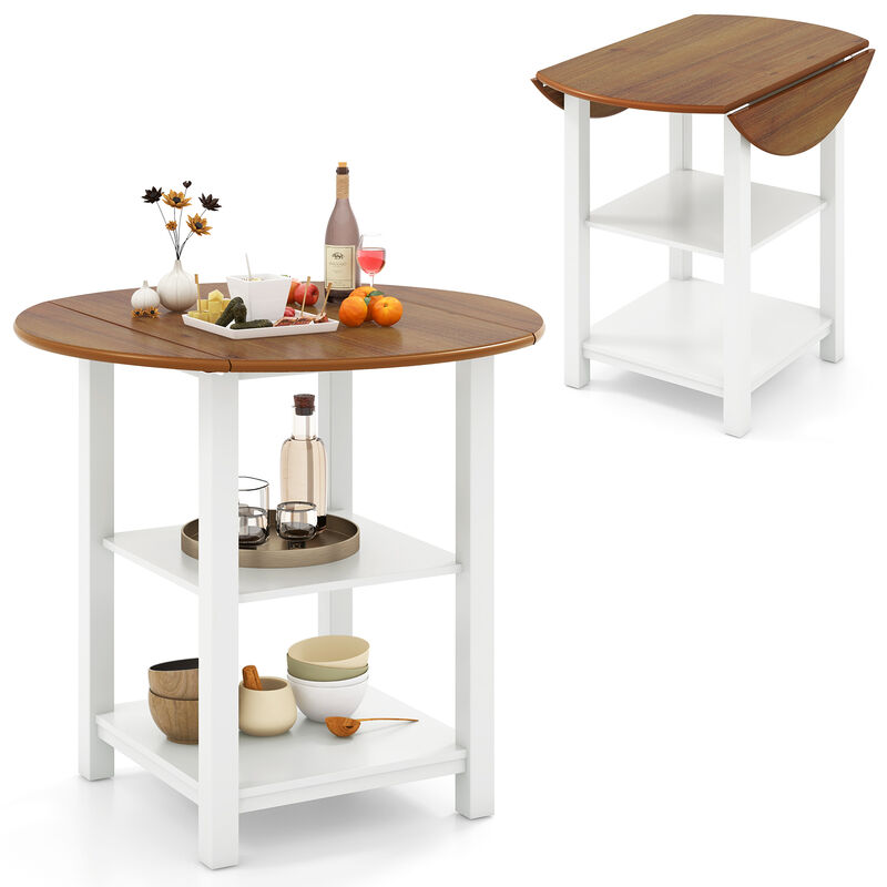Folding Round Dining Table with Drop Leaf and 2 Shelves for Space-Saving Dining in Small Areas
