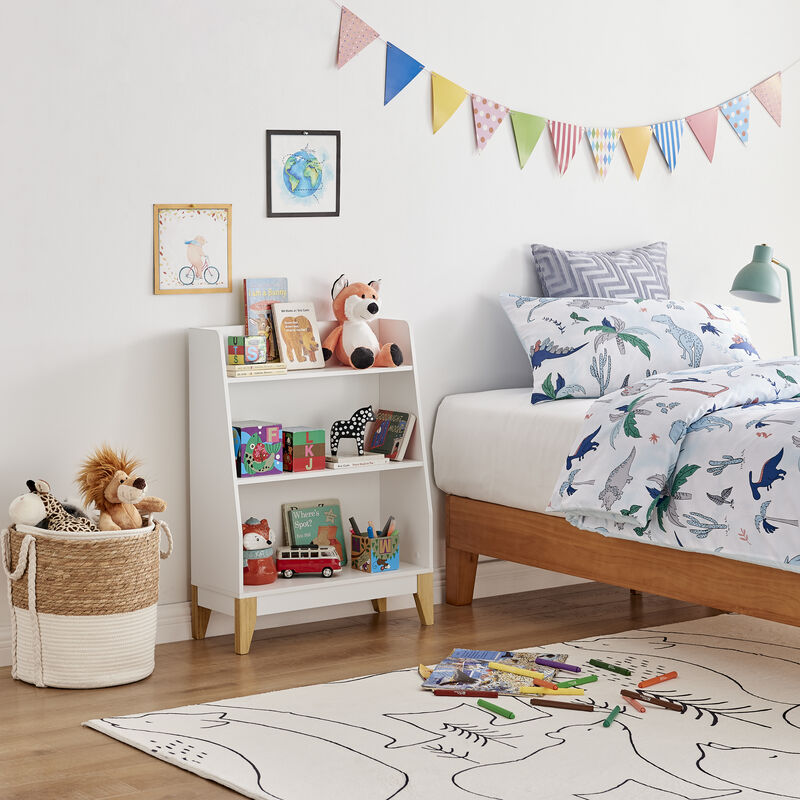 Steiner White 3-Tier Kids Book or Toy Figure Display Unit Freestanding Bookshelf with Contrasting Wood-Toned Legs