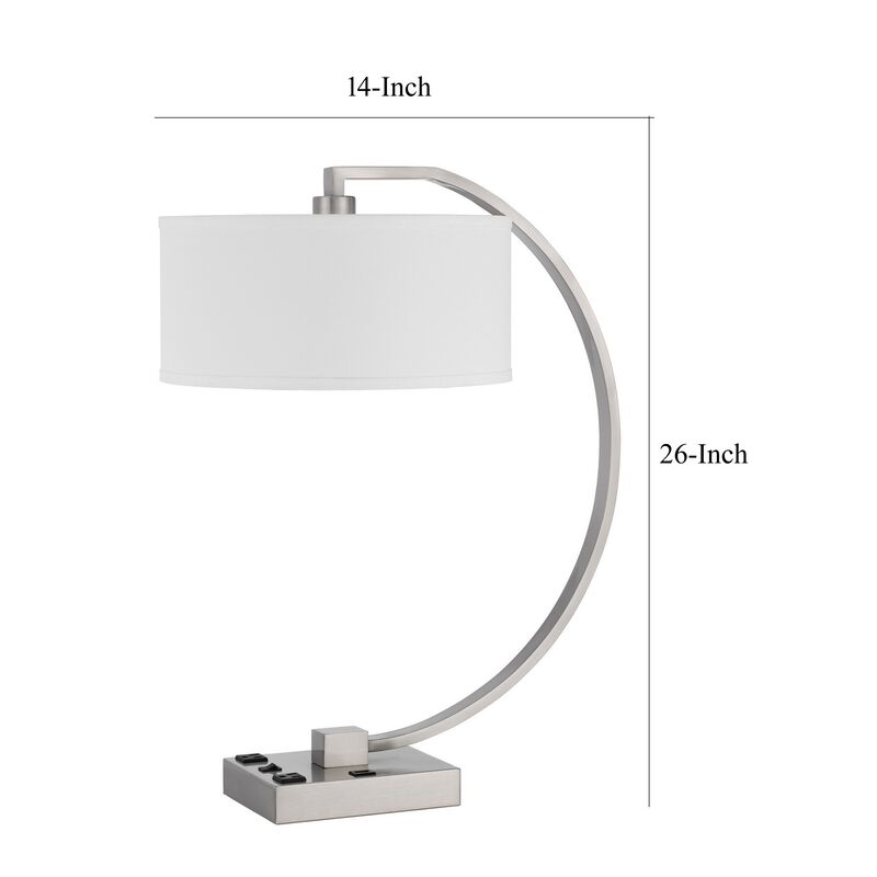 Fory Table Lamp, 2 Outlets, 1 USB Port, Curved Chrome Steel 26 Inch - Benzara