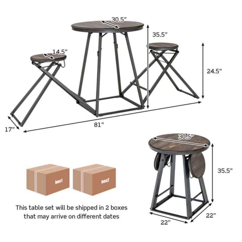 Hivvago 3 Pieces Dining Table Set with 2 Foldable Stools for Small Space-Gray