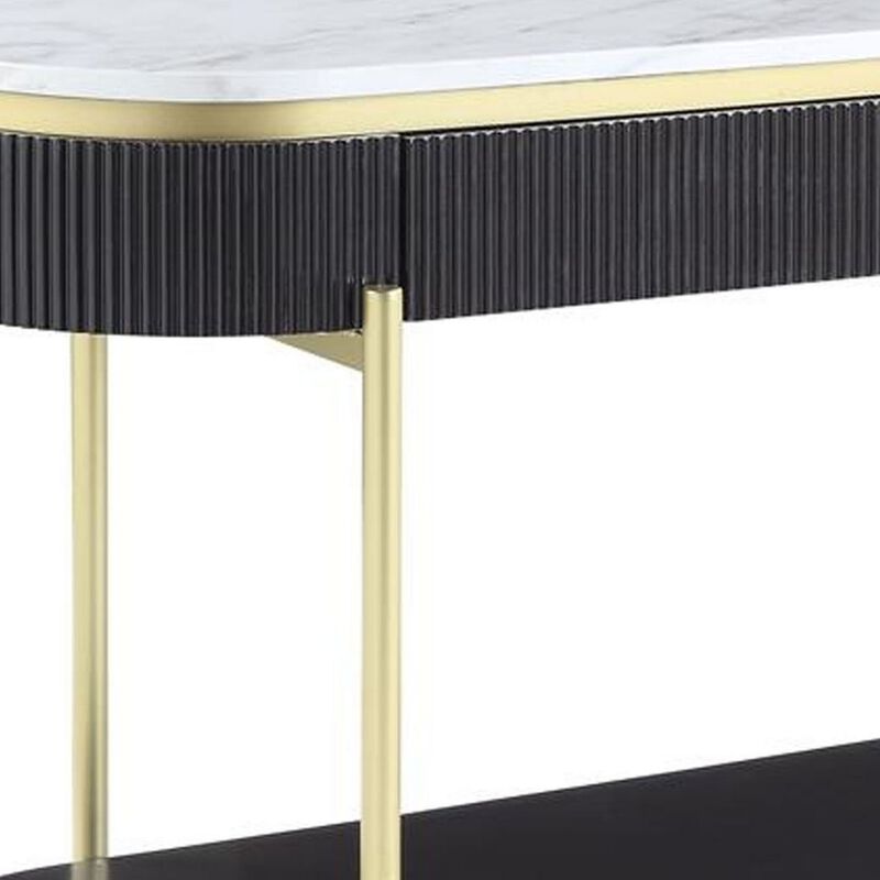 Ville 48 Inch Oblong Sofa Console Table, White Faux Marble Top, Reeded Edge