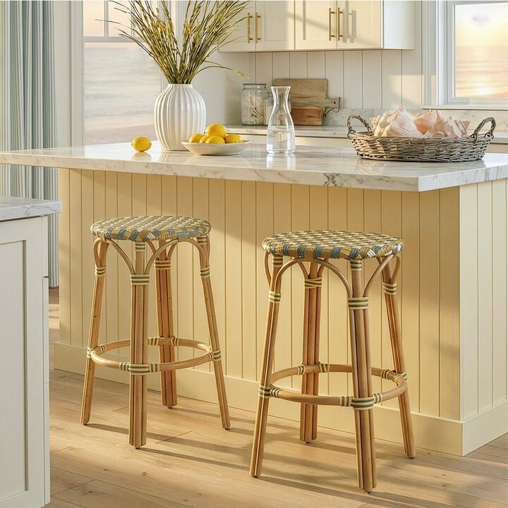 Butler Specialty Ballito 30 in. Seat Height Oval Rattan Bar Stool with Footrest, Yellow and Brown
