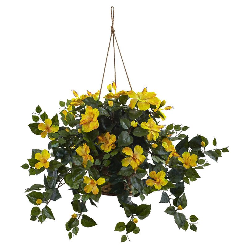 Nearly Natural 22-in Hibiscus Hanging Basket Yellow