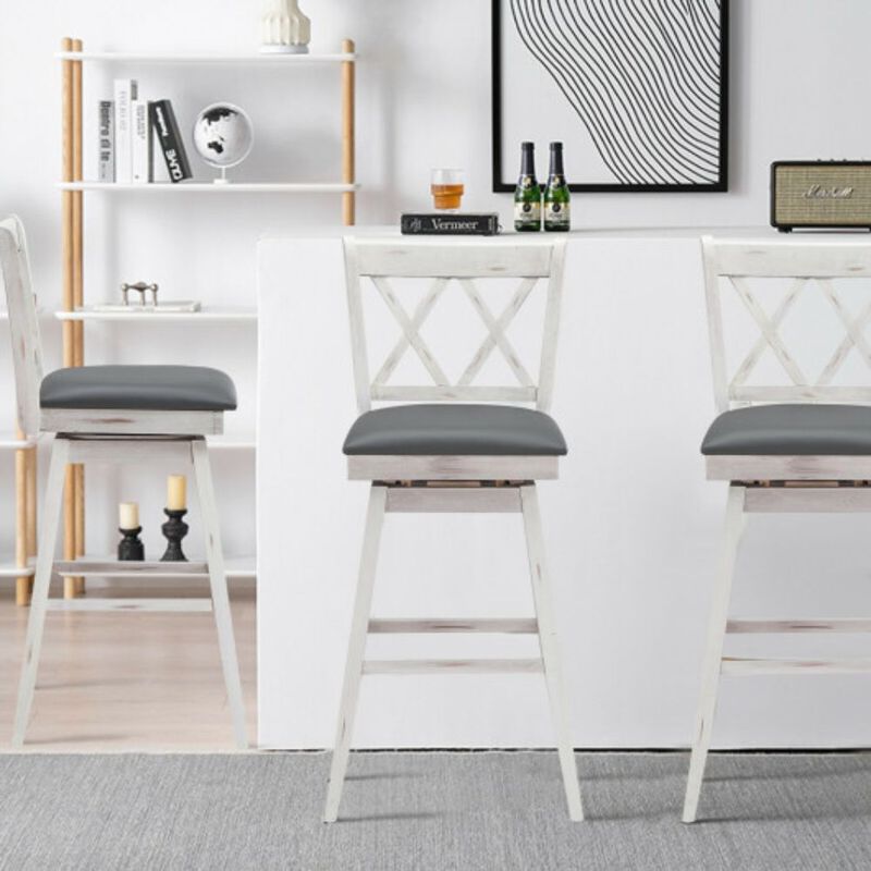 2 Pieces 29 Inches Swivel Counter Height Barstool Set with Rubber Wood Legs-White