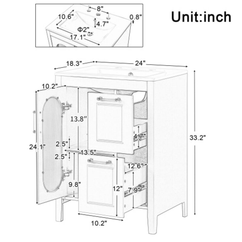 Whisen Bathroom Vanity with Sink, Bathroom Vanity Cabinet with Drawers, Adjustable Shelf and Frosted Glass Door image number 4