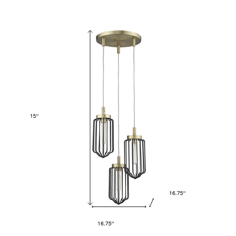 Hivvago Gold Caged Three Light Metal Dimmable Chandelier With Black Shades