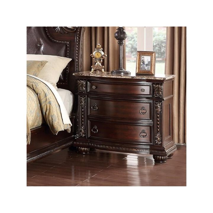 Streamdale 3-Drawer Nightstand with Marble Top in Rich Brown Cherry Finish