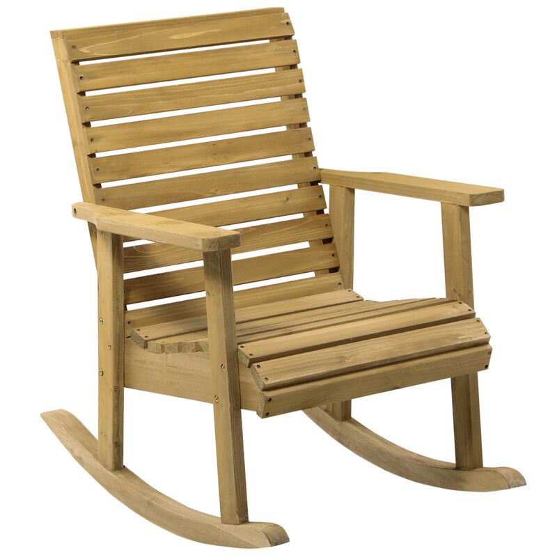 Classic Porch Seating: Wooden Rocking Chairs with Slatted Design