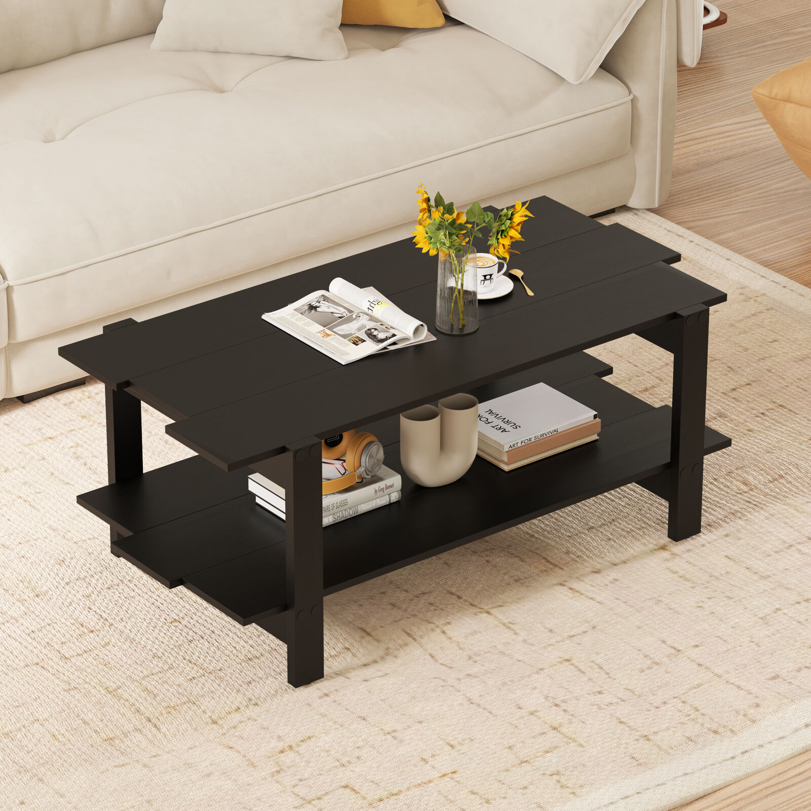 2-Tier Wooden Center Table with Slatted Design and Storage Shelf