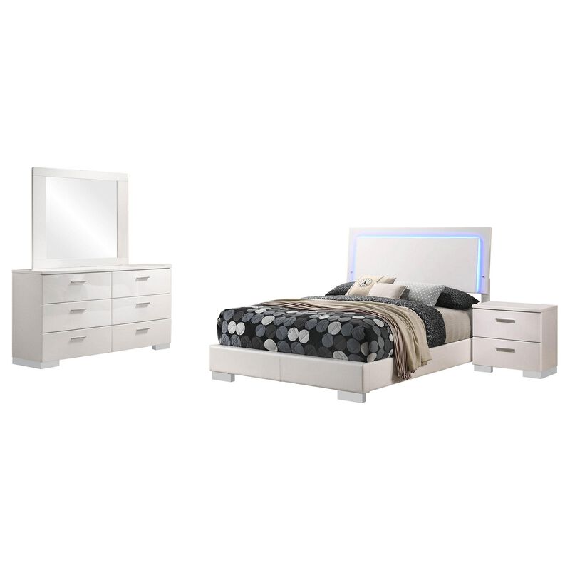 Sok 4pc Full Size Bedroom Set, Modern White, LED Upholstered Headboard - Benzara