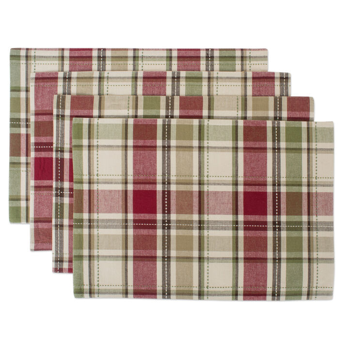 Set of 6 Beige Green and Red Rectangular Plaid Placemat 19"