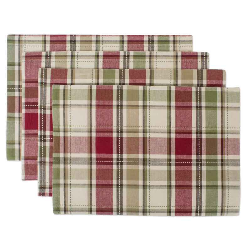 Set of 6 Beige Green and Red Rectangular Plaid Placemat 19" image number 1