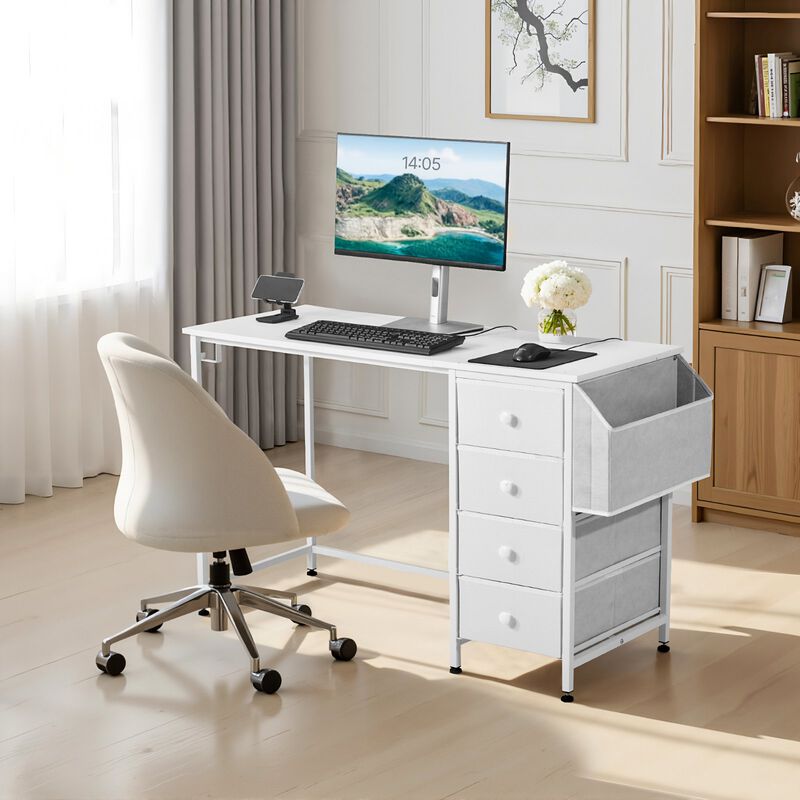 Writing Desk with Fabric Storage Drawers, Reversible Computer Table with Steel Frame-White image number 1