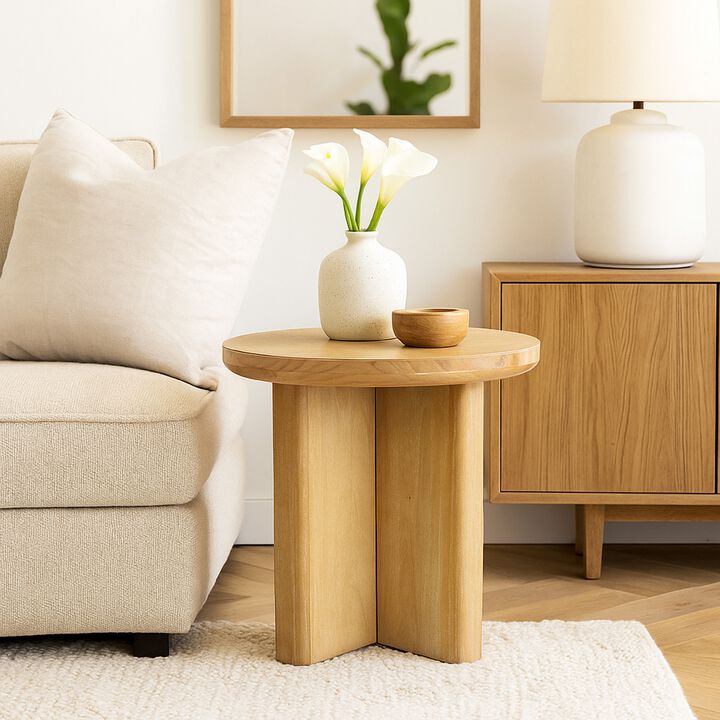 Round Side End Table, X Shaped Paneled Legs, 24 Inch Brown Wood
