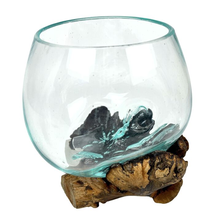 Melted Glass On Gamal Root Wood Decorative Bowl Vase Terrarium Planter