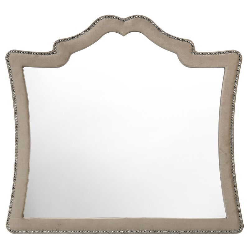 Lino Dresser Mirror, Curved Frame, Nailhead Trim, Cream Velvet 43 Inch image number 2