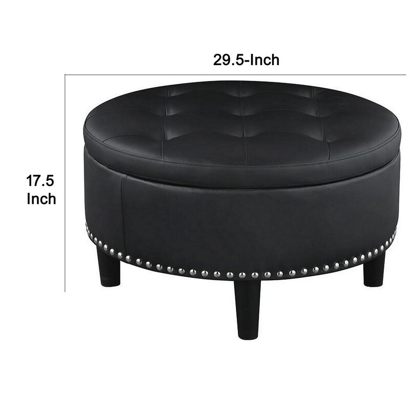 30 Inch Round Storage Ottoman, Black Vegan Faux Leather, Button Tufted-Benzara