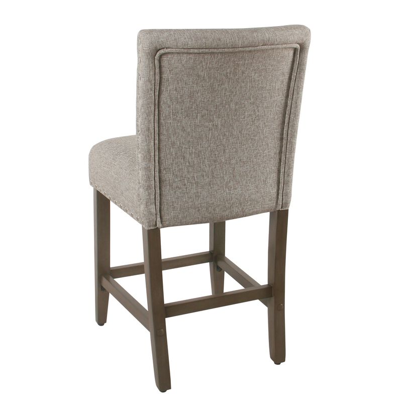 Fabric Upholstered Wooden Counter Stool with Striking Nail head Trims, Gray and Brown