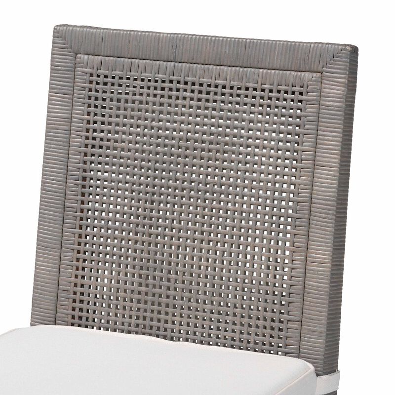 bali & pari Sofia Rattan Dining Chair with Cushion - Handwoven Wicker Side Chair with Mahogany Wood Frame, Coastal Boho Style Indoor Seating, French Grey