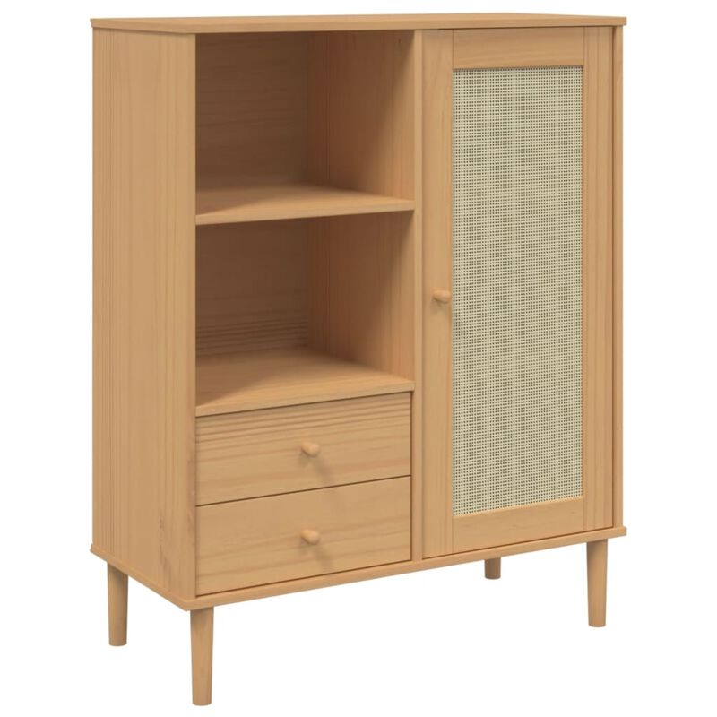 vidaXL Solid Wood Pine SENJA Highboard - Storage Cabinet with Drawers and Compartments - Brown Rattan Look - 35.4"x15.7"x44.1"