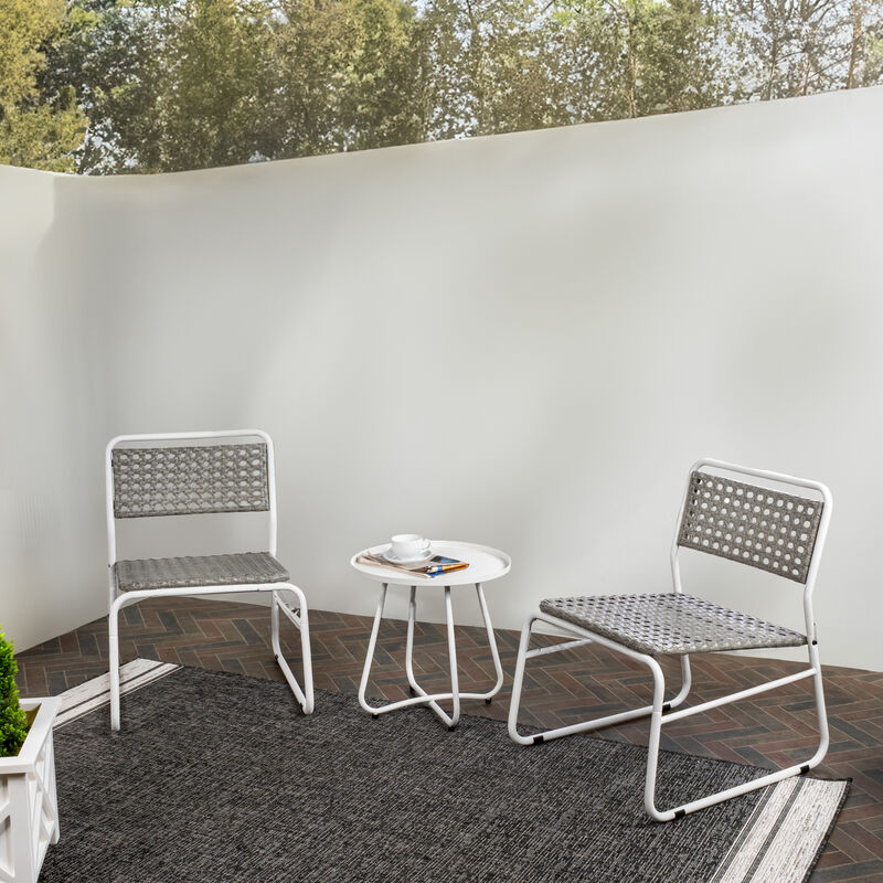 Freja 3-Piece Mid-Century Modern Faux Rattan Conversation Outdoor Patio Set, White/Gray