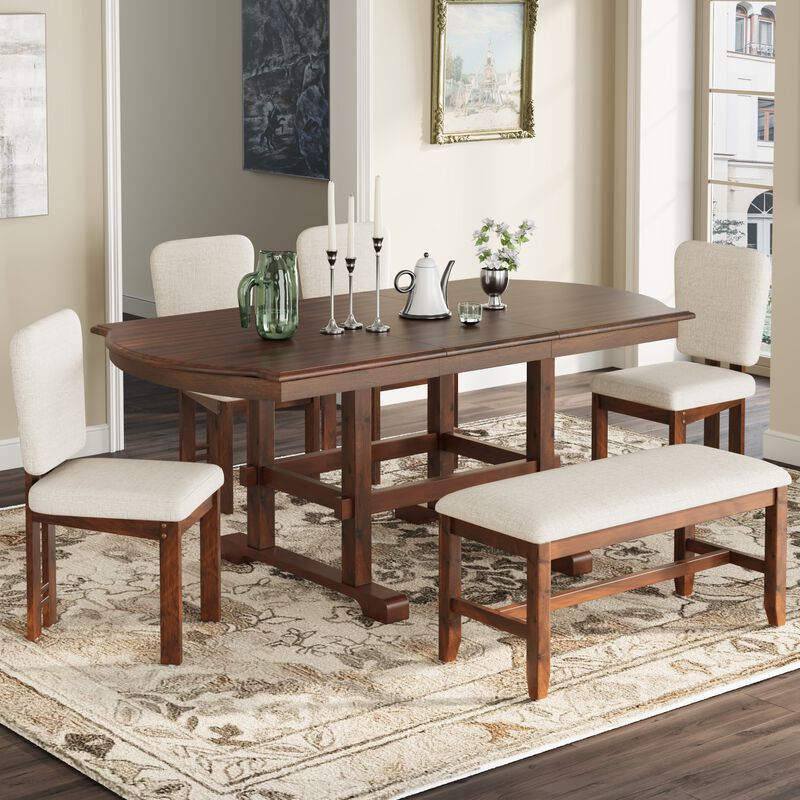 Merax 6 Pieces 78inch Extendable Wood Dining Table Set with Bench