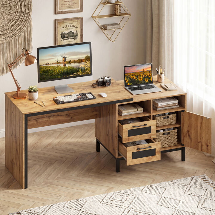 Modern Computer Desk with Open Compartments and Drawers for Storage