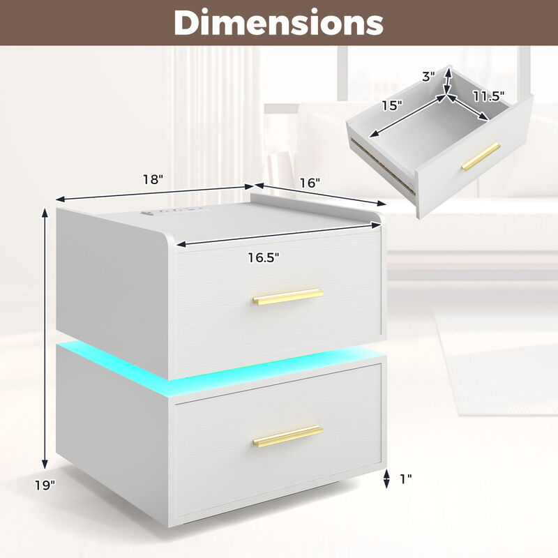 Modern Nightstand with LED Light, Charging Station and 2 Storage Drawers image number 2