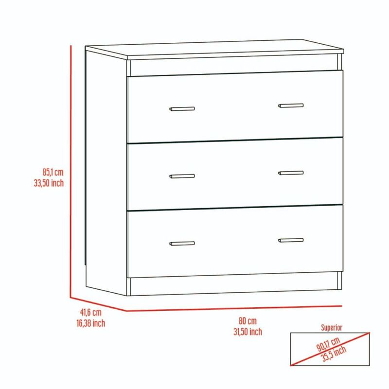 Classic Three Drawer Dresser, Superior Top, Handles -White